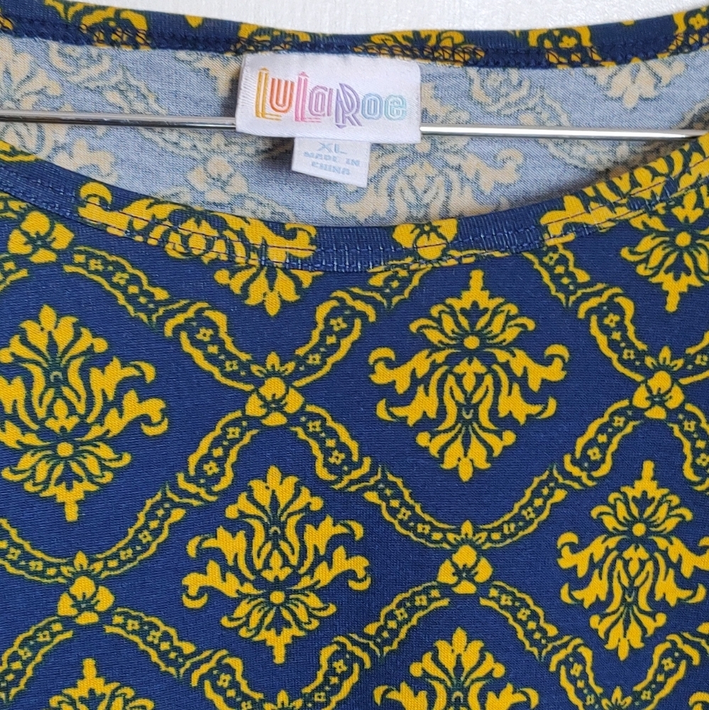 Lularoe Irma Elegant Blue and Yellow Patterned Women's Top - Picture 3 of 5